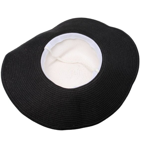 Large Brim Black White Summer Hat Ribbon Classic Faux Straw Wedding Party Event - Picture 4 of 10